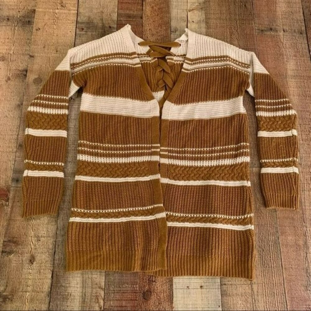 Pink rose cream and burnt orange cardigan sweater with lace up back - S